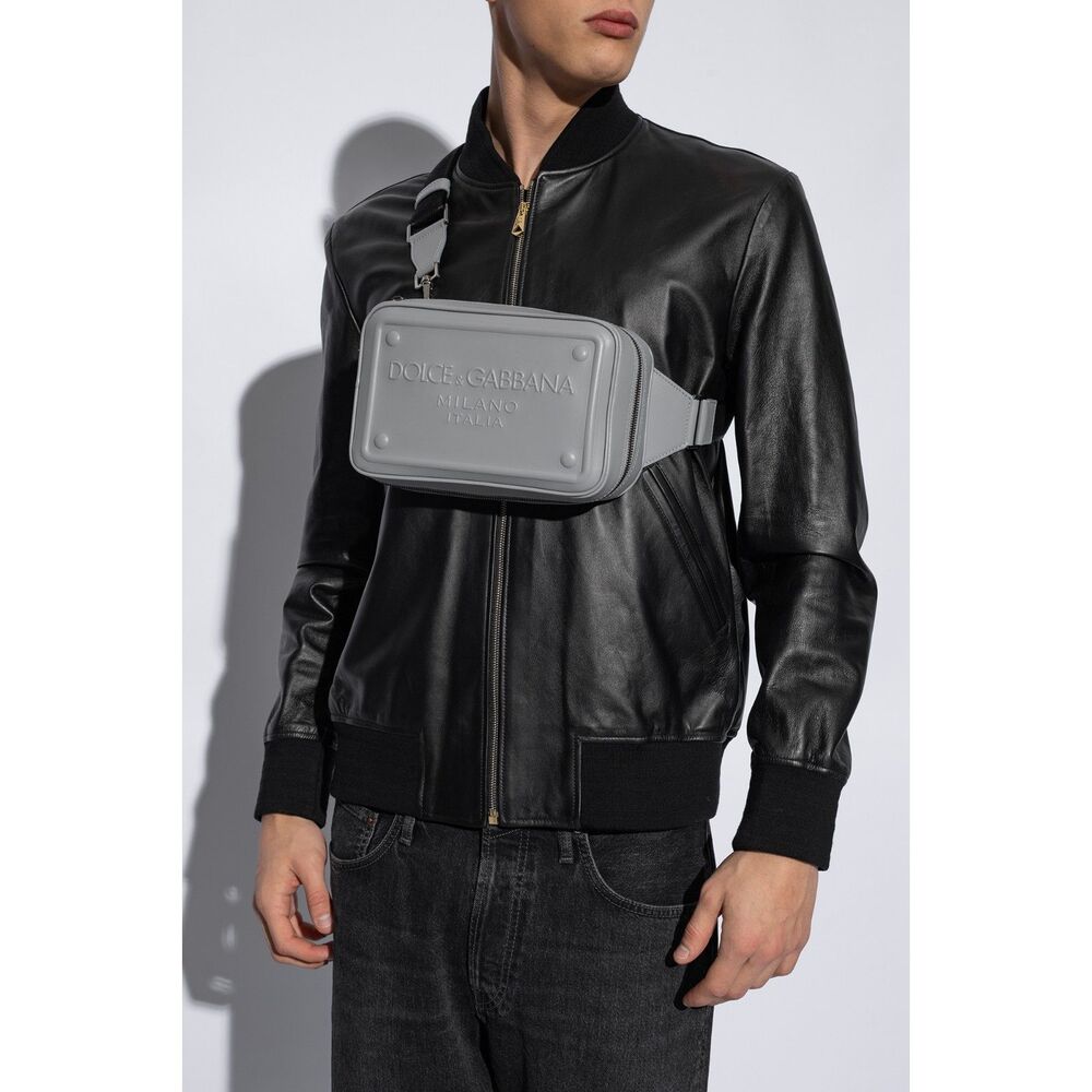 DOLCE & GABBANA Mens Leather Belt Bag Gray Raised Logo Crossbody Shoulder Pack